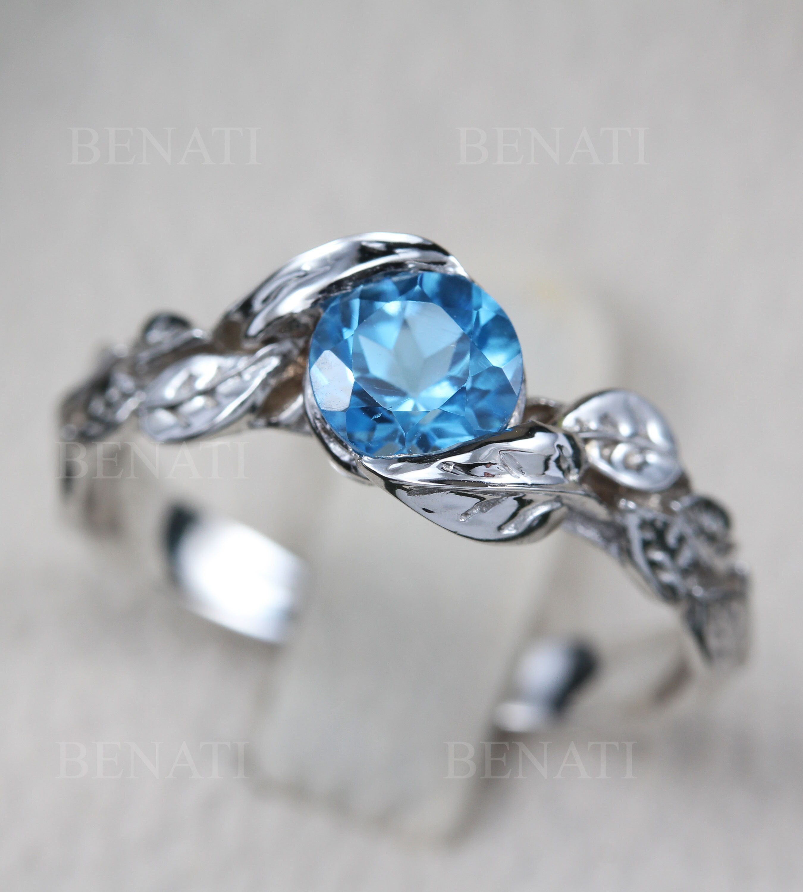 Leaf Ring Blue Topaz Leaf Engagement Ring in White Gold -  Israel