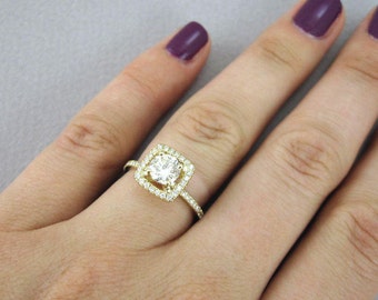 Halo Diamant Verlobungsring, 14k Gold mit Kissenschliff
