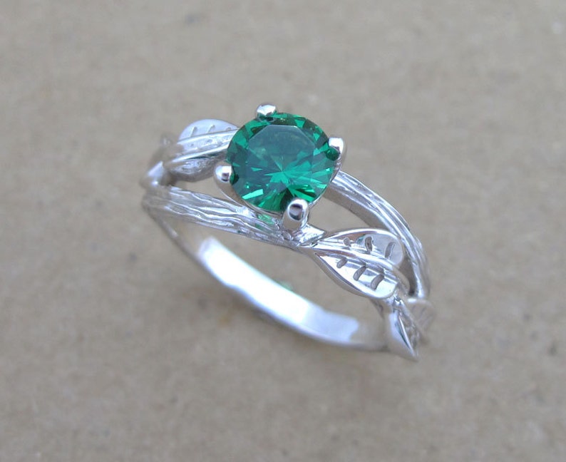 Twig Emerald Engagement Ring Bridal Wedding Ring Set, Bridal Set Leaf Twig Ring, Leaves Emerald Antique Engagement Ring, Vintage Bark Ring image 3