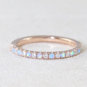 Rose Gold Thin Diamond and Opal Eternity Band, Unique Opal Ring, Eternity 2 mm Wedding Band, Thin Opal Stacking Ring image 5