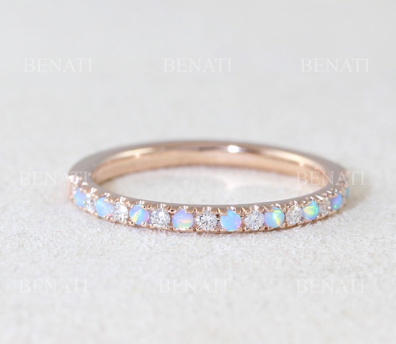 Rose Gold Thin Diamond and Opal Eternity Band, Unique Opal Ring, Eternity 2 mm Wedding Band, Thin Opal Stacking Ring image 5