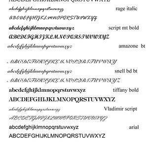 May include: A visual comparison of different font styles, including Bookman Old Style, Rage Italic, Script MT Bold, Amazone BT, Snell BD BT, Tiffany Bold, Vladimir Script, and Arial. The fonts are shown in both lowercase and uppercase letters.