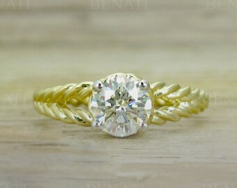 Solitaire Rope White Gold Diamond Ring, Solid Gold Round Diamond  Engagement Ring