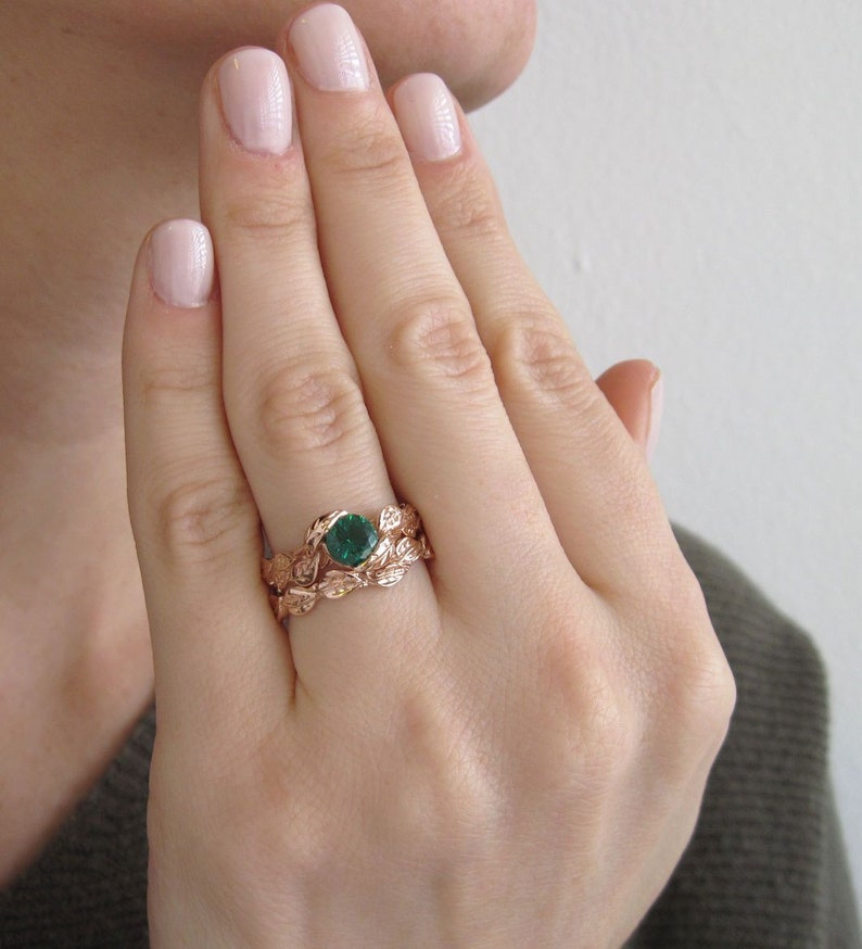 Emerald Wedding Ring Set, Leaf Ring Set Unique Wedding Ring Set, Wedding Ring Set Rose Gold, Engagement And Wedding Ring Set image 3