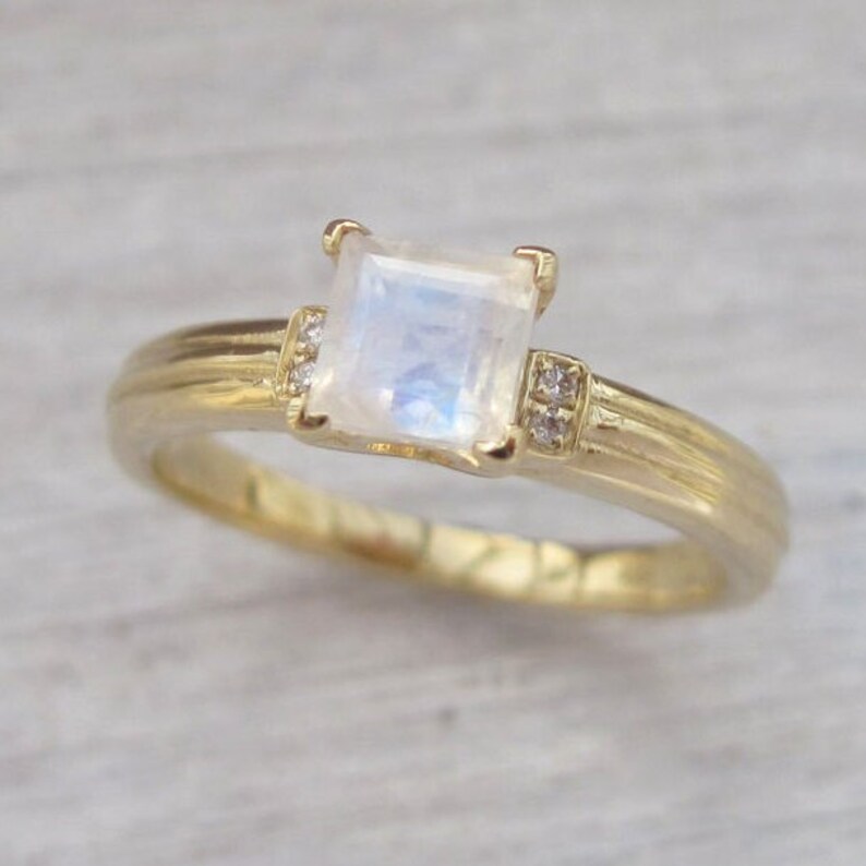 Rose Gold Moonstone Engagement Ring, Rose Gold Antique Moonstone Ring, Princess Cut Moonstone Promise Ring, Rainbow Moonstone Vintage Ring image 9