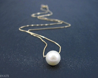Single Pearl Gold Necklace, Gold Pearl Necklace, Floating Pearl On Gold Chain, Freshwater Pearl On Solid Gold Chain, Round Pearl Necklace