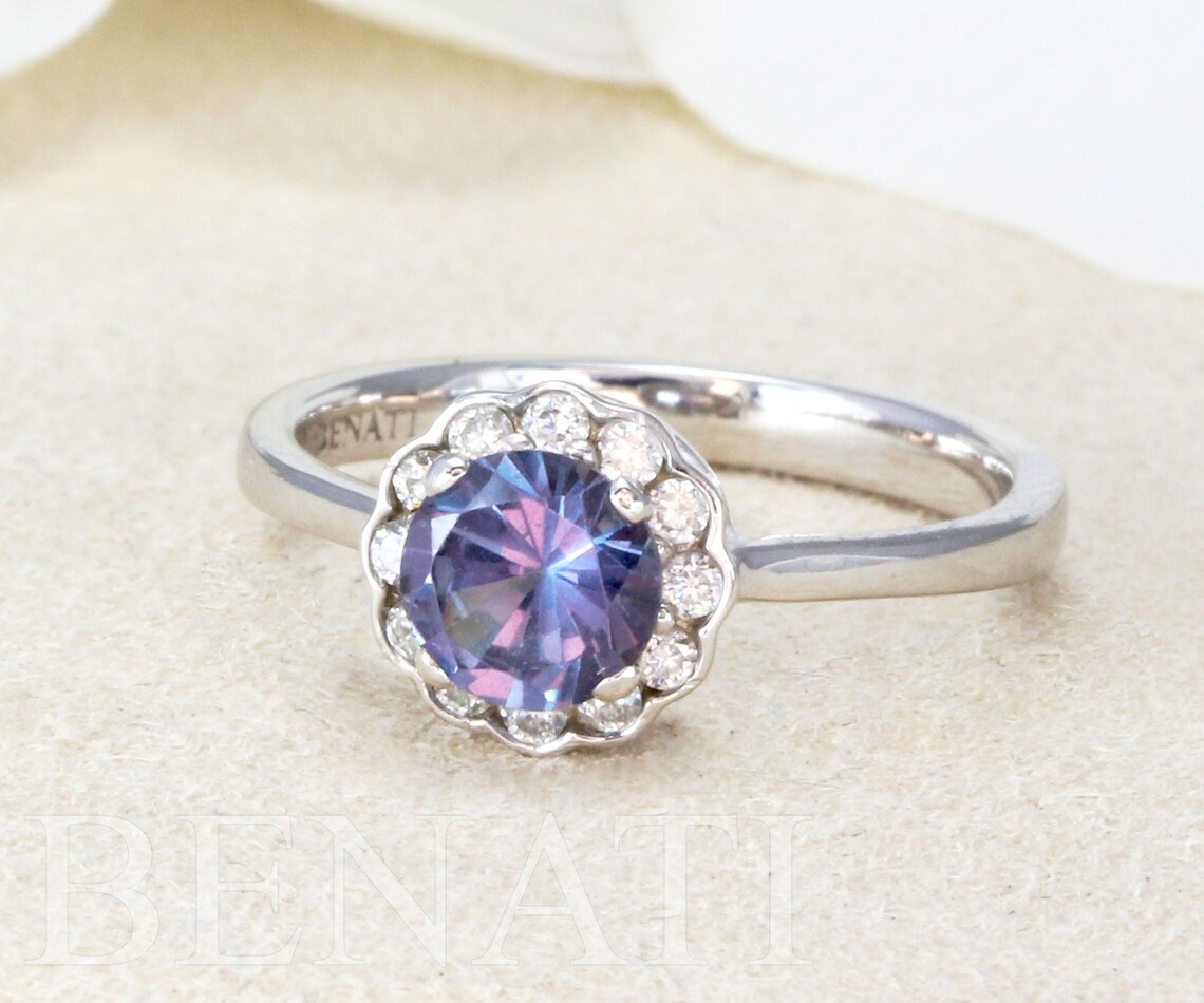 Natural Genuine Diamond Halo Alexandrite Engagement Ring Etsy UK