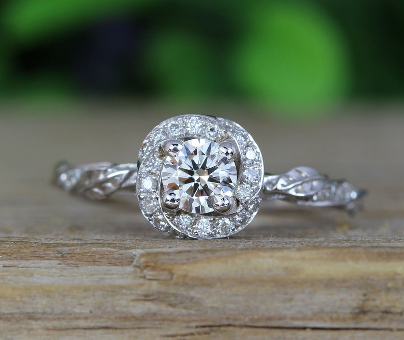 Leaf Engagement Ring Diamond Engagement Ring Halo Leaves Etsy