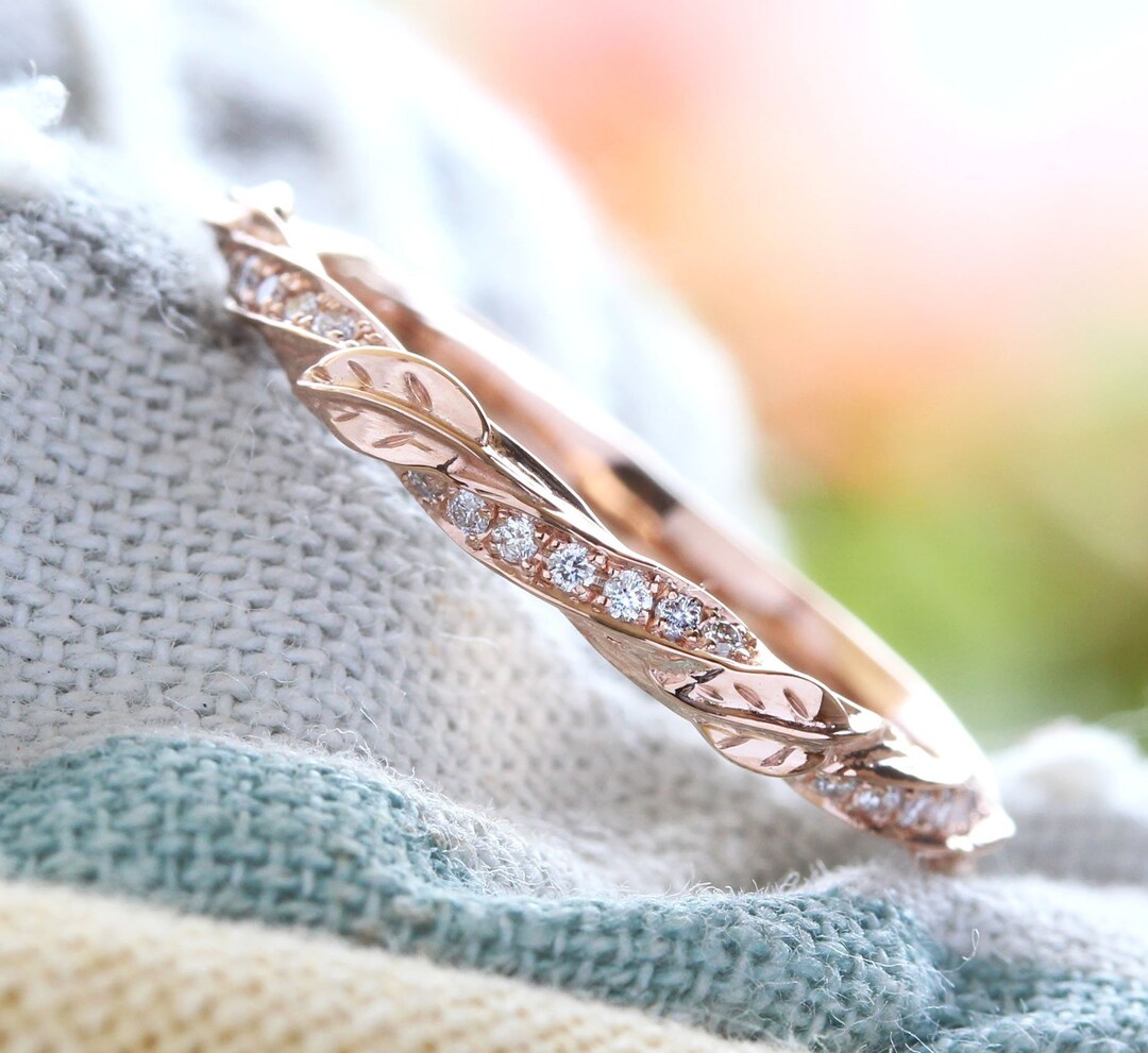 Vintage Rose Gold Leaf Wedding Band Nature Inspired Diamond Etsy