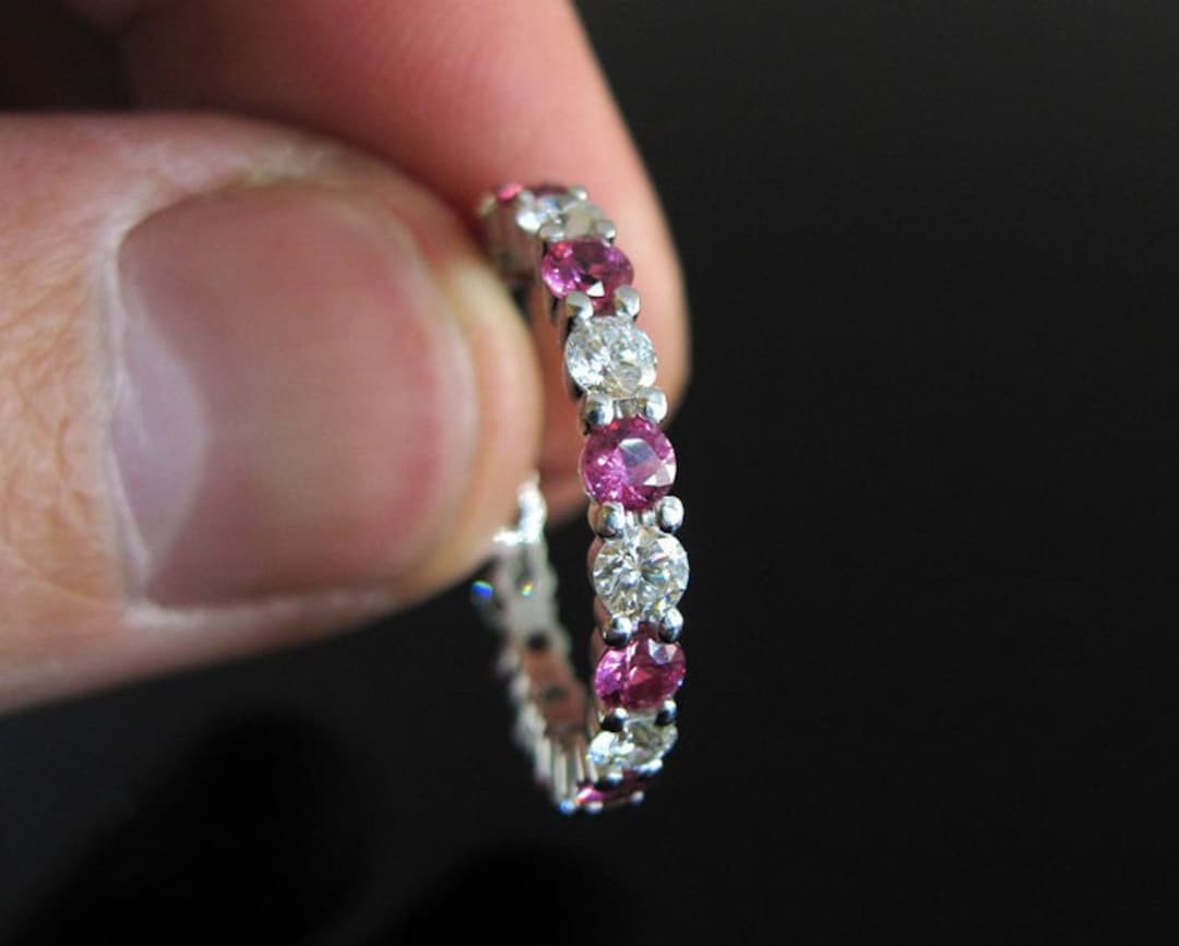 White Gold Eternity Band: Pink Sapphire & Diamond Wedding Ring - Etsy