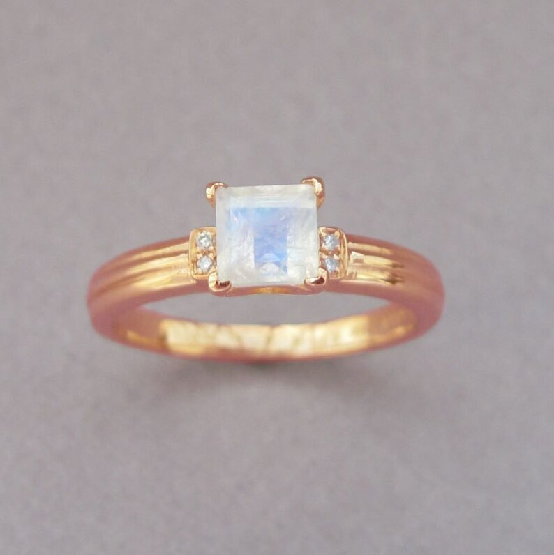 Rose Gold Moonstone Engagement Ring, Rose Gold Antique Moonstone Ring, Princess Cut Moonstone Promise Ring, Rainbow Moonstone Vintage Ring image 6