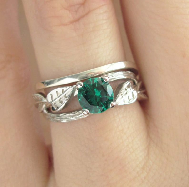 Twig Emerald Engagement Ring Bridal Wedding Ring Set, Bridal Set Leaf Twig Ring, Leaves Emerald Antique Engagement Ring, Vintage Bark Ring image 1