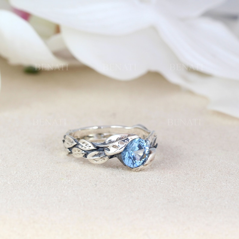 Leaf Ring With Blue Topaz Gemstone In Silver, Blue topaz Leaves Ring, Nature Friendship Ring, Silver Forest Ring, Natural Floral Silver Ring image 2