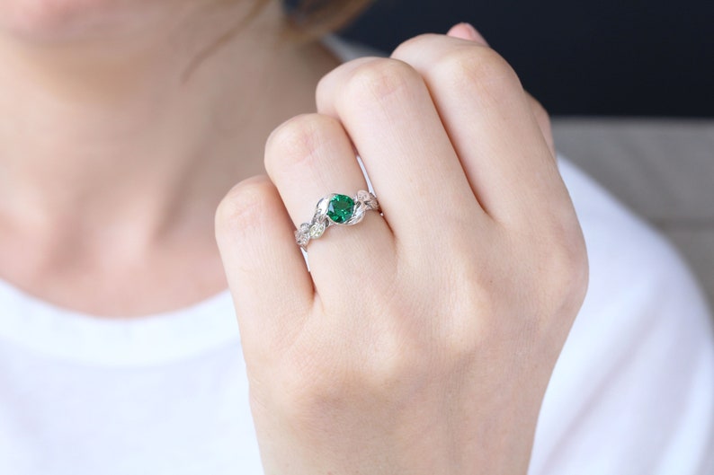 Leaf Engagement Ring, Green Stone Leaf Engagement Ring, Green Stone White Gold Engagement Ring, Gold Leaves Ring, Natural Floral Forest Ring image 2