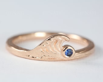 14k Gold Wave Ring with Sapphire: Ocean Beach Jewelry