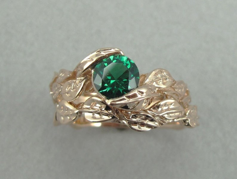 Emerald Wedding Ring Set, Leaf Ring Set Unique Wedding Ring Set, Wedding Ring Set Rose Gold, Engagement And Wedding Ring Set image 1