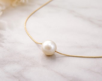 14k Gold Floating Pearl Necklace: Elegant Freshwater Pearl Pendant