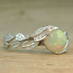 Natural Opal Leaf Engagement Ring, Leaf Opal Ring, White Gold Diamond Leaves Ring With Opal , Natural Leaves Ring, leaf ring, Natural Opal image 2