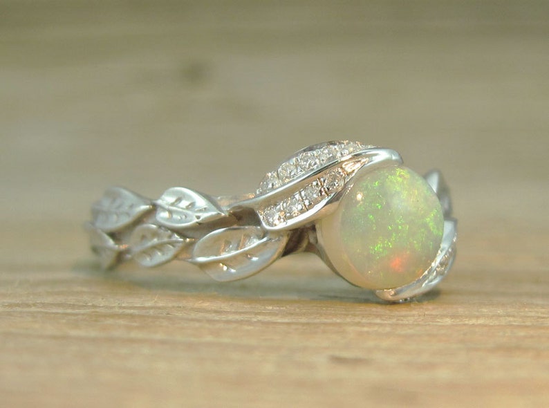 Natural Opal Leaf Engagement Ring, Leaf Opal Ring, White Gold Diamond Leaves Ring With Opal , Natural Leaves Ring, leaf ring, Natural Opal image 2