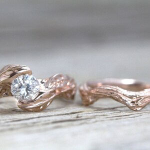 Rose Gold Leaf Bruidsset, Rose Gold Diamond Wedding Set, Diamond Engagement ring, Rose Gold Nature Ring, Leaf Ring, Leaves Engagement Ring afbeelding 6