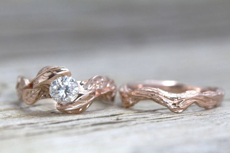 Rose Gold Leaf Bruidsset, Rose Gold Diamond Wedding Set, Diamond Engagement ring, Rose Gold Nature Ring, Leaf Ring, Leaves Engagement Ring afbeelding 6