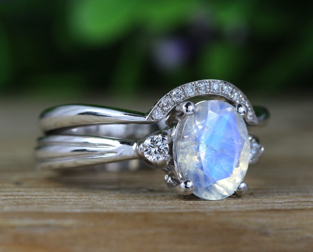 Rainbow Moonstone Wedding Ring Set, Antique Moonstone Engagement Ring ...
