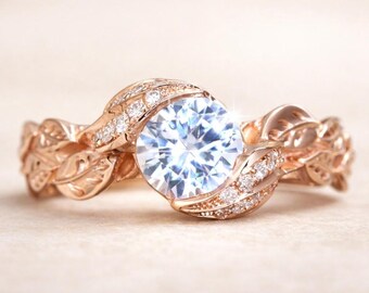 Anillo de compromiso con forma de hoja de diamante: Anillo de naturaleza en oro blanco