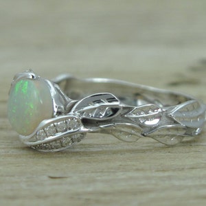 Natural Opal Leaf Engagement Ring, Leaf Opal Ring, White Gold Diamond Leaves Ring With Opal , Natural Leaves Ring, leaf ring, Natural Opal image 3