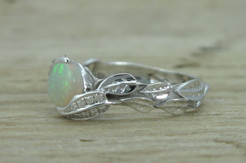 Natural Opal Leaf Engagement Ring, Leaf Opal Ring, White Gold Diamond Leaves Ring With Opal , Natural Leaves Ring, leaf ring, Natural Opal image 3