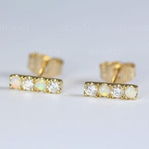 14k Gold Opal Diamond Bar Stud Earrings Minimalist Dainty Jewelry Geometric Modern Simple Elegant