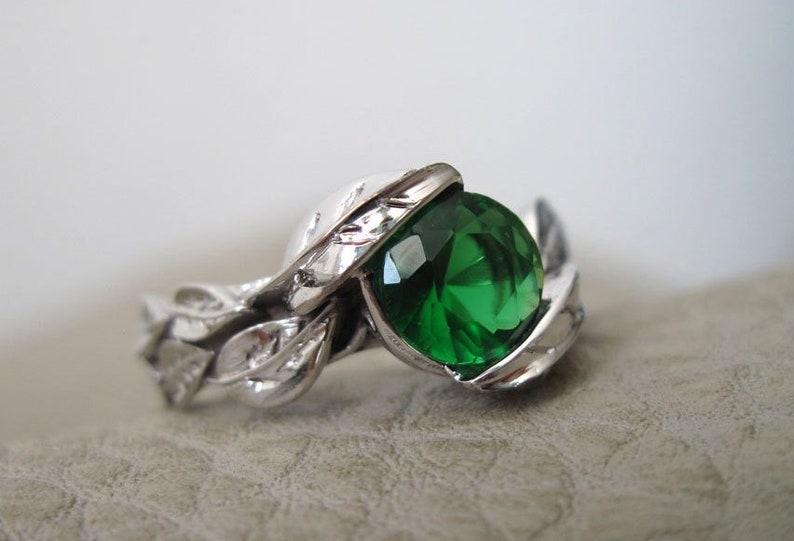 Leaf Engagement Ring, Green Stone Leaf Engagement Ring, Green Stone White Gold Engagement Ring, Gold Leaves Ring, Natural Floral Forest Ring image 1