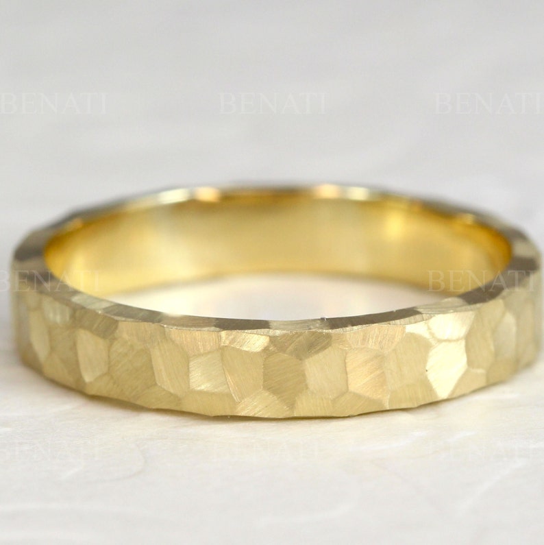 Hammered Gold Wedding Band, 4mm Mens Wedding Band, 18k Yellow Gold Hammered Wedding Ring, Mens Hammered Ring, Mens Wedding Ring, Rustic Ring image 1