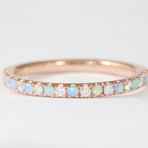 Rose Gold Thin Diamond and Opal Eternity Band, Unique Opal Ring, Eternity 2 mm Wedding Band, Thin Opal Stacking Ring image 3