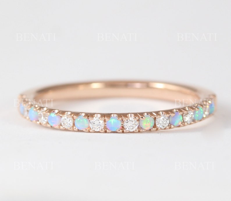 Rose Gold Thin Diamond and Opal Eternity Band, Unique Opal Ring, Eternity 2 mm Wedding Band, Thin Opal Stacking Ring image 3