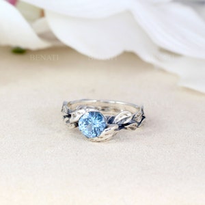 Leaf Ring With Blue Topaz Gemstone In Silver, Blue topaz Leaves Ring, Nature Friendship Ring, Silver Forest Ring, Natural Floral Silver Ring image 5