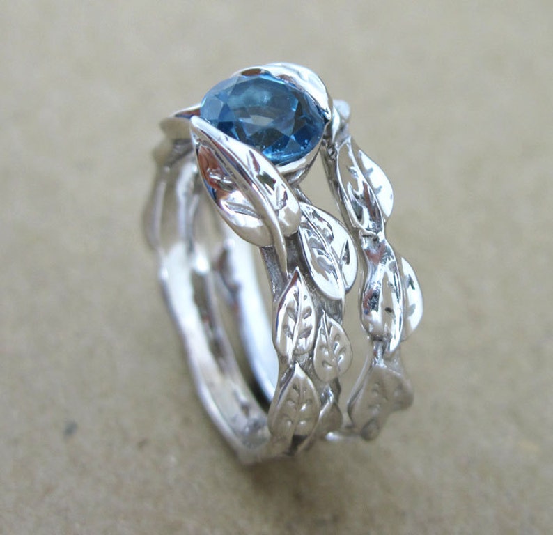 Leaf Engagement Ring Set Blue Topaz Wedding Ring Set Leaf - Etsy
