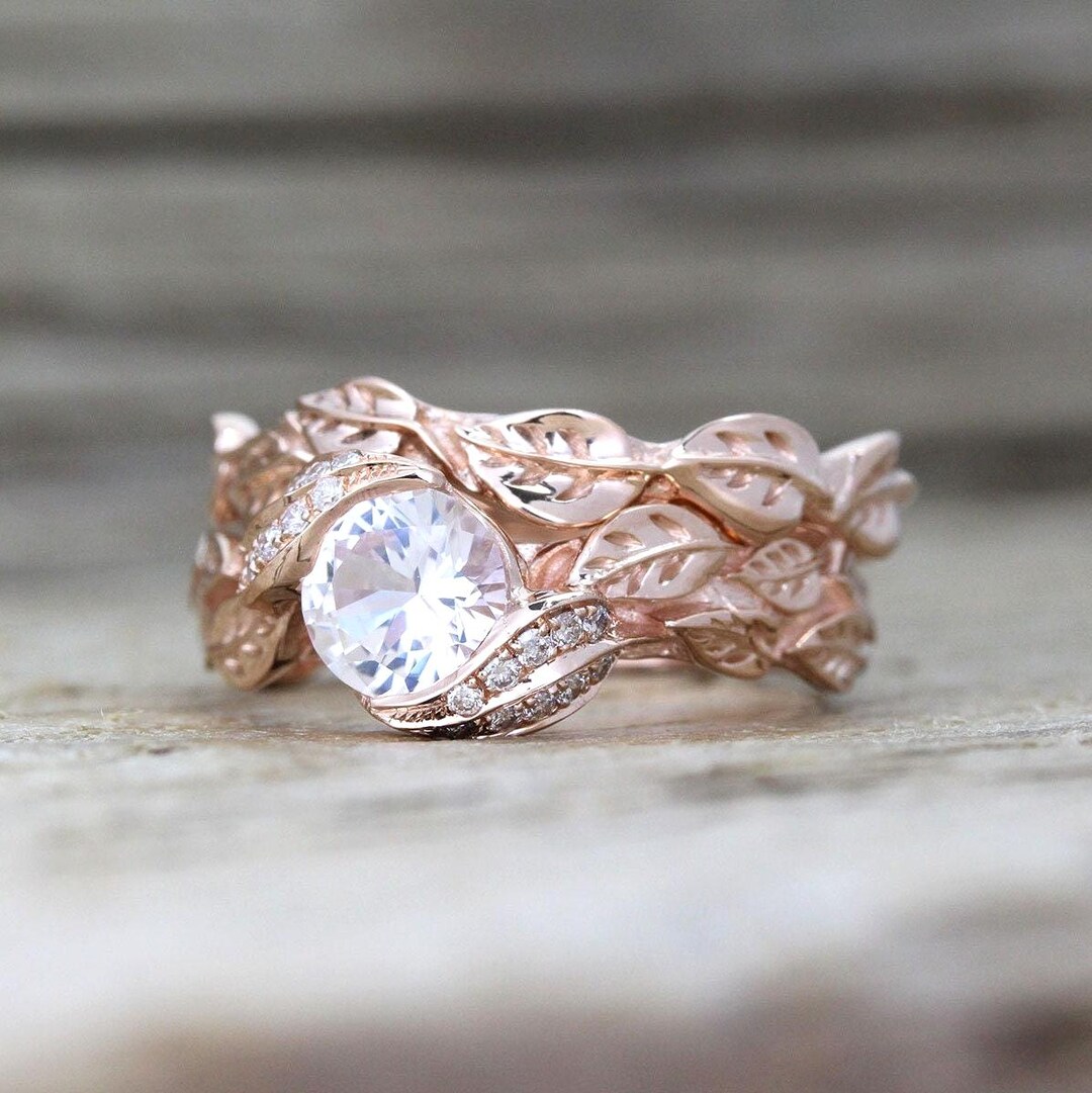 Rose Gold Leaf Engagement Ring Set: White Sapphire & Diamond Vine