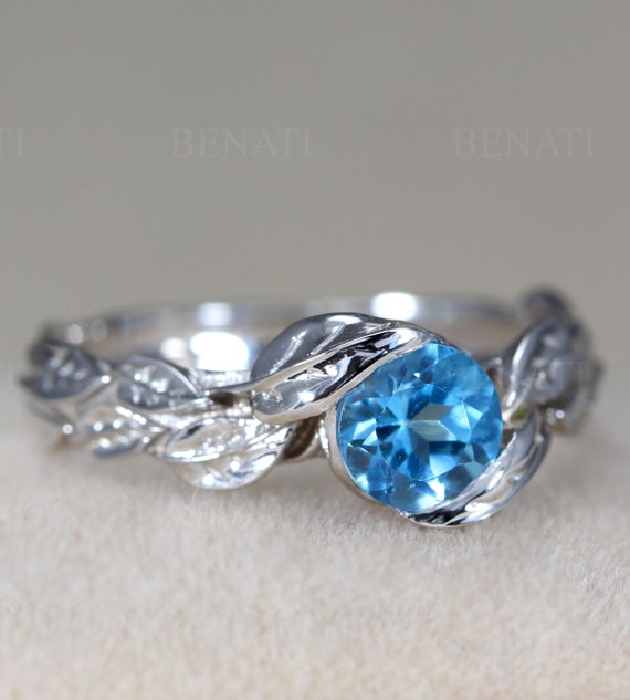 Leaf Ring Blue Topaz Leaf Engagement Ring in White Gold -  Israel