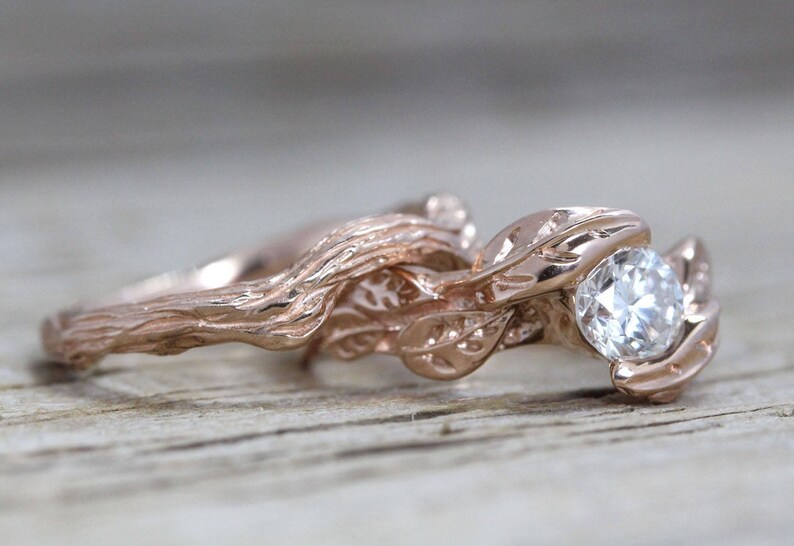 Rose Gold Leaf Bruidsset, Rose Gold Diamond Wedding Set, Diamond Engagement ring, Rose Gold Nature Ring, Leaf Ring, Leaves Engagement Ring afbeelding 2