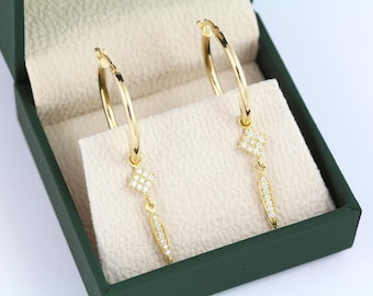 14K Gold Dangle Hoop Earrings | Lab Diamond Drop Earrings | Geometric Gold Earrings | Elegant Hoop Dangles for Women