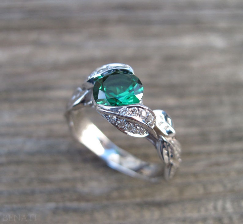 Leaf Wedding Set Leaf Engagement Ring Set Emerald Leaves Etsy