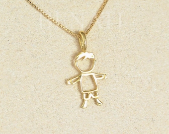 14k Gold Boy Outline Pendant, Solid Gold Child Necklace, Stick Figure Boy Charm, Push Present, New Baby Gift, Personalized Mom Jewelry