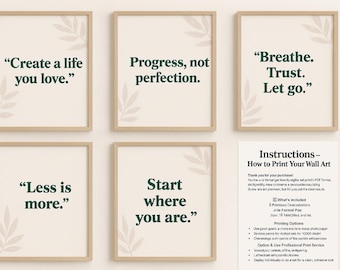 Minimalistische afdrukbare muurkunst set van 5 | Motiverende citaatafdrukken | Moderne boho-pdf-download | Esthetische woondecoratie: 8 x 10 en A4