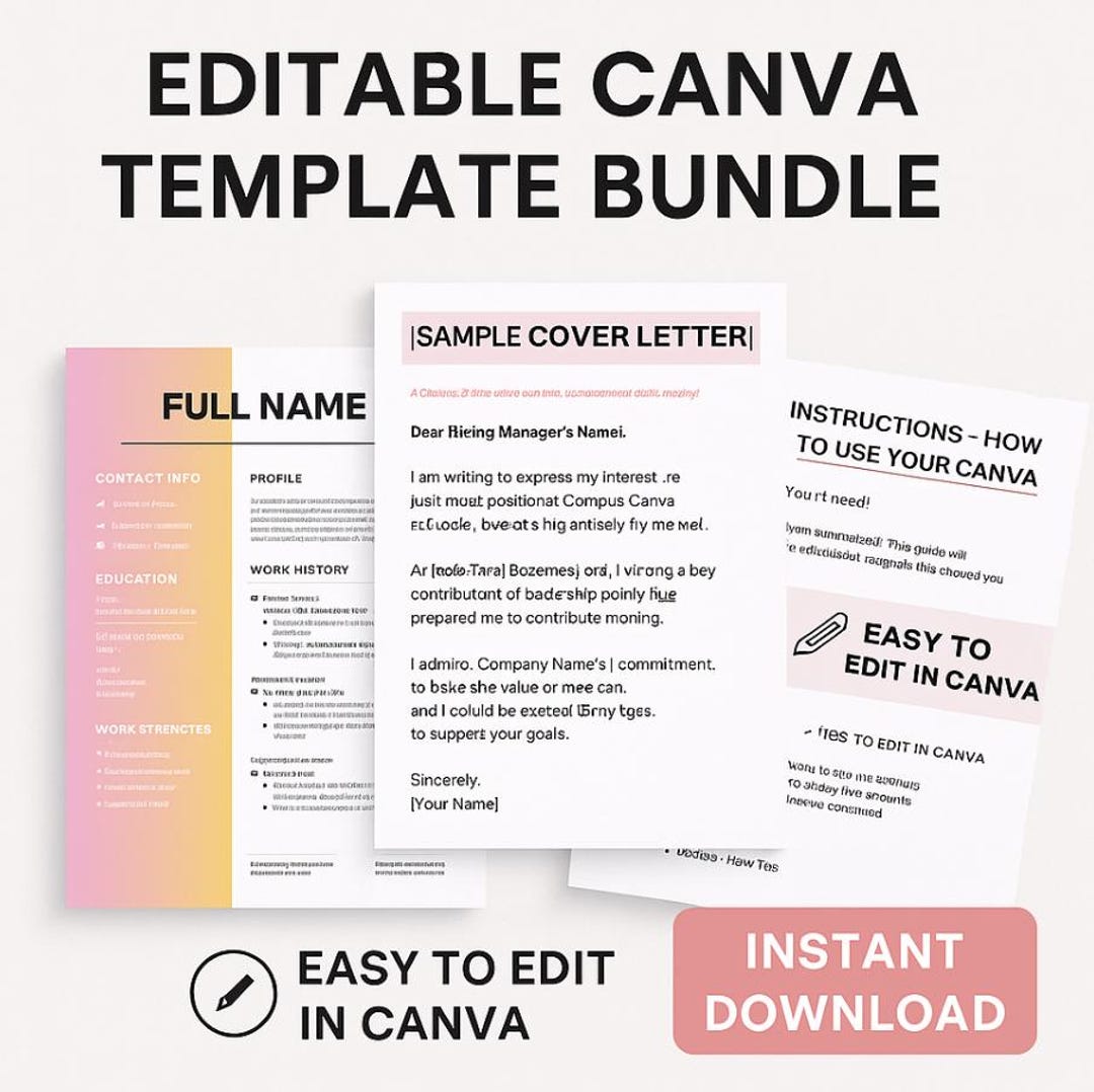 Editable Resume Template + Cover Letter for Canva | Modern CV ...