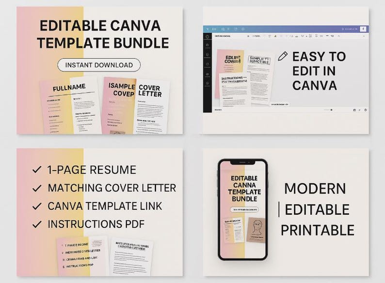 Editable Resume Template + Cover Letter for Canva | Modern CV ...