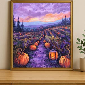 May include: A framed painting depicts a pumpkin patch scene. The artwork features a path lined with orange pumpkins, leading towards a sunset with purple and orange hues. A lit lantern sits near the pumpkins, enhancing the autumn theme.