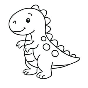 Puede incluir: Dibujo lineal en blanco y negro de un dinosaurio sonriente. El dinosaurio tiene una fila de púas en la espalda y manchas en el cuerpo. La imagen incluye texto en holandés: "Regenboog Dieren Kleurboek - 20 Pagina's Alleen voor persoonlijk gebruik - © RainbowKidsNL."