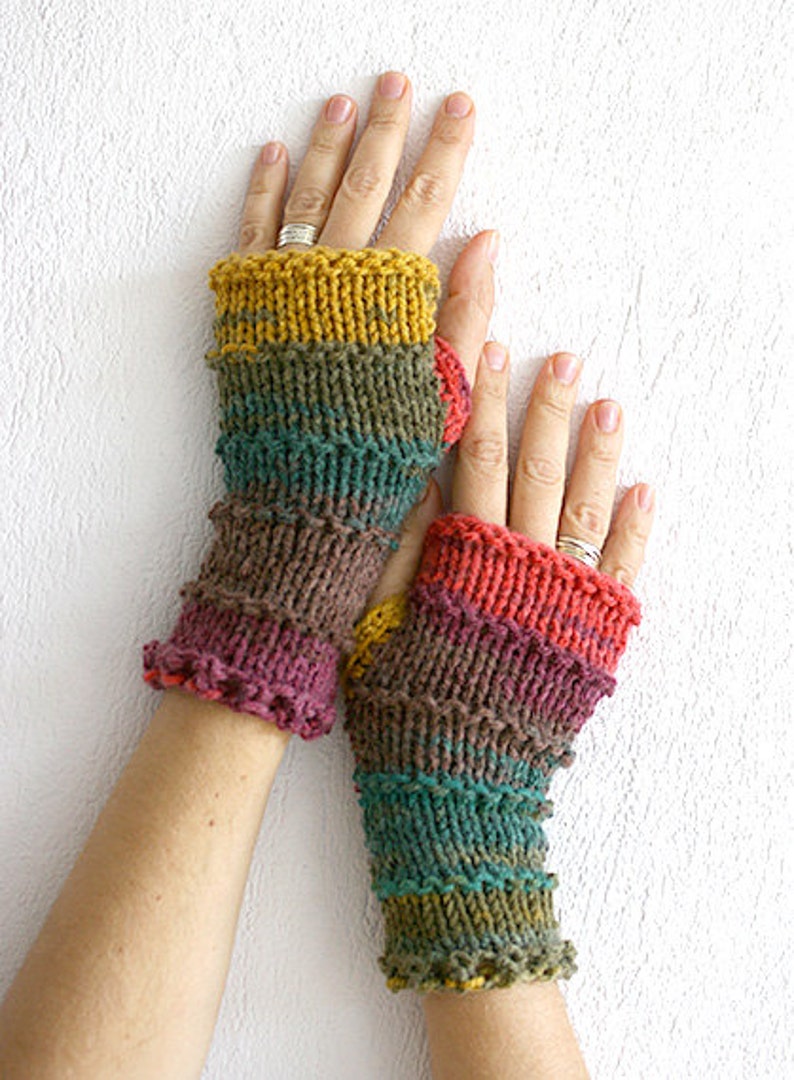 Knit Fingerless Glove Mittens Color Block Knit Arm Warmers Etsy