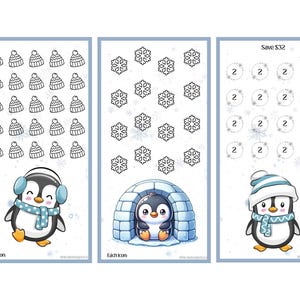 Può includere: Tre fogli stampabili a tema invernale con un tema pinguino. Un foglio presenta un pinguino con paraorecchie e una sciarpa, un altro ha un pinguino in un igloo e il terzo ha un pinguino con un cappello e una sciarpa. Ogni foglio ha un design diverso.