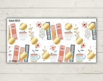 May include: A rectangular savings tracker card featuring a repeating pattern of books, potted flowers, and mugs on a white background. The card includes gold circular scratch-off stickers and the text Save $65 and @nicolebudgetco.